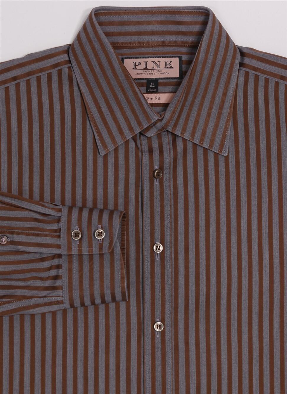 Thomas Pink Slim Fit Brown Gray Striped Cotton Dress Shirt (41) 16-34